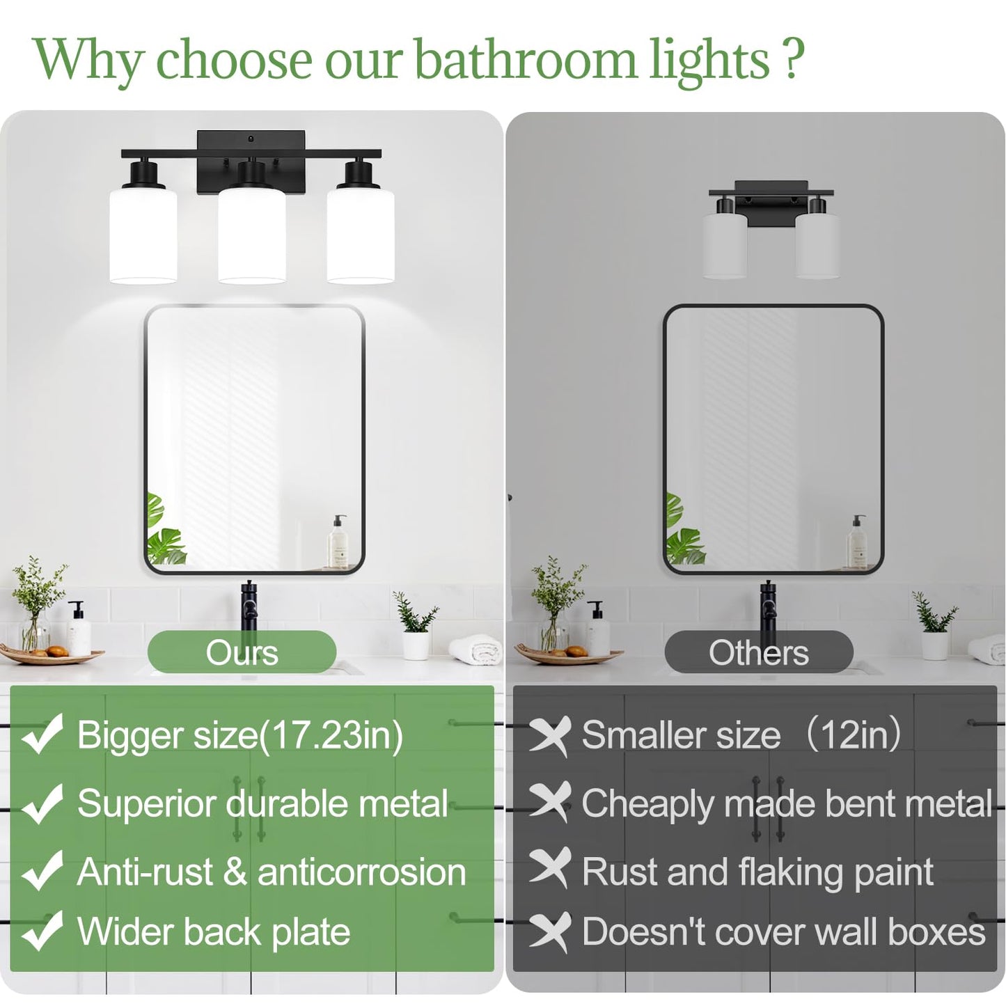 MOKATNG 3-Light Bathroom Light Fixtures, Vanity Light with Milky White Shades, Matte Black Bathroom Light Fixtures Over Mirror, Modern Bathroom Wall Lamp for Mirror Living Room Cabinet Bedroom