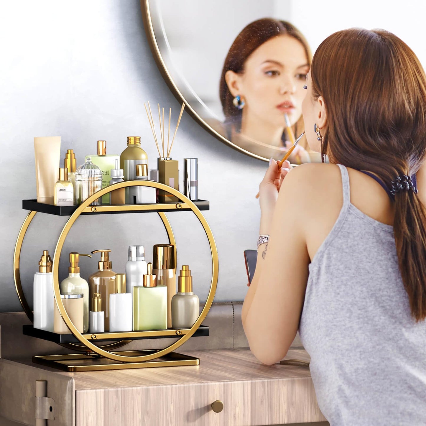 YIWANFW Makeup Organizer for Vanity, Black Gold Perfume Organizer for Dresser, 2-Tier Bathroom Countertop Organizers, Bathroom Counter Shelf Skincare Holder Perfume Tray Cosmetic Display
