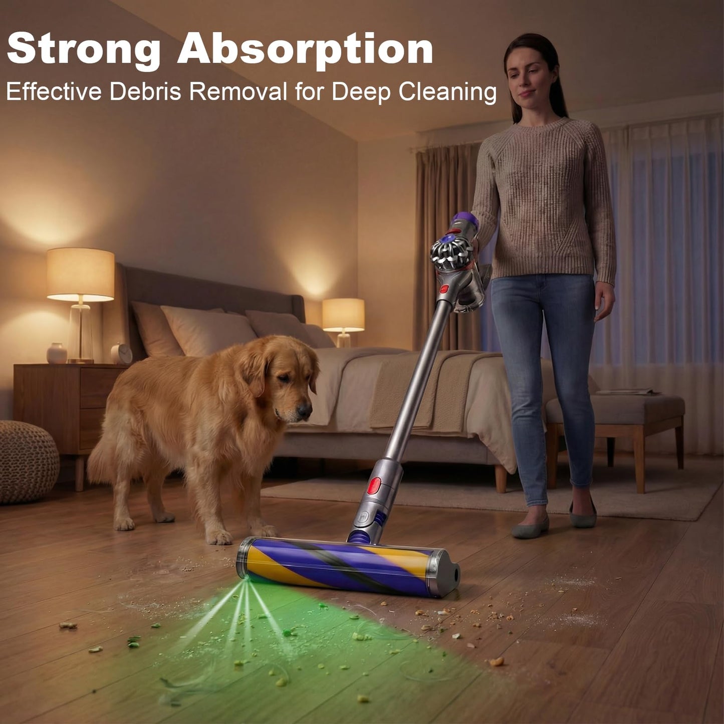 LED Fluffy Soft Roller Cleaner Head Replacement for Dy-son V7 V8 V11 Animal V15 Detect V10 Cyclone Vacuum, Upgrade Green Light Dust Detect Anti-Tangle Quick Release Brush Attachments Parts