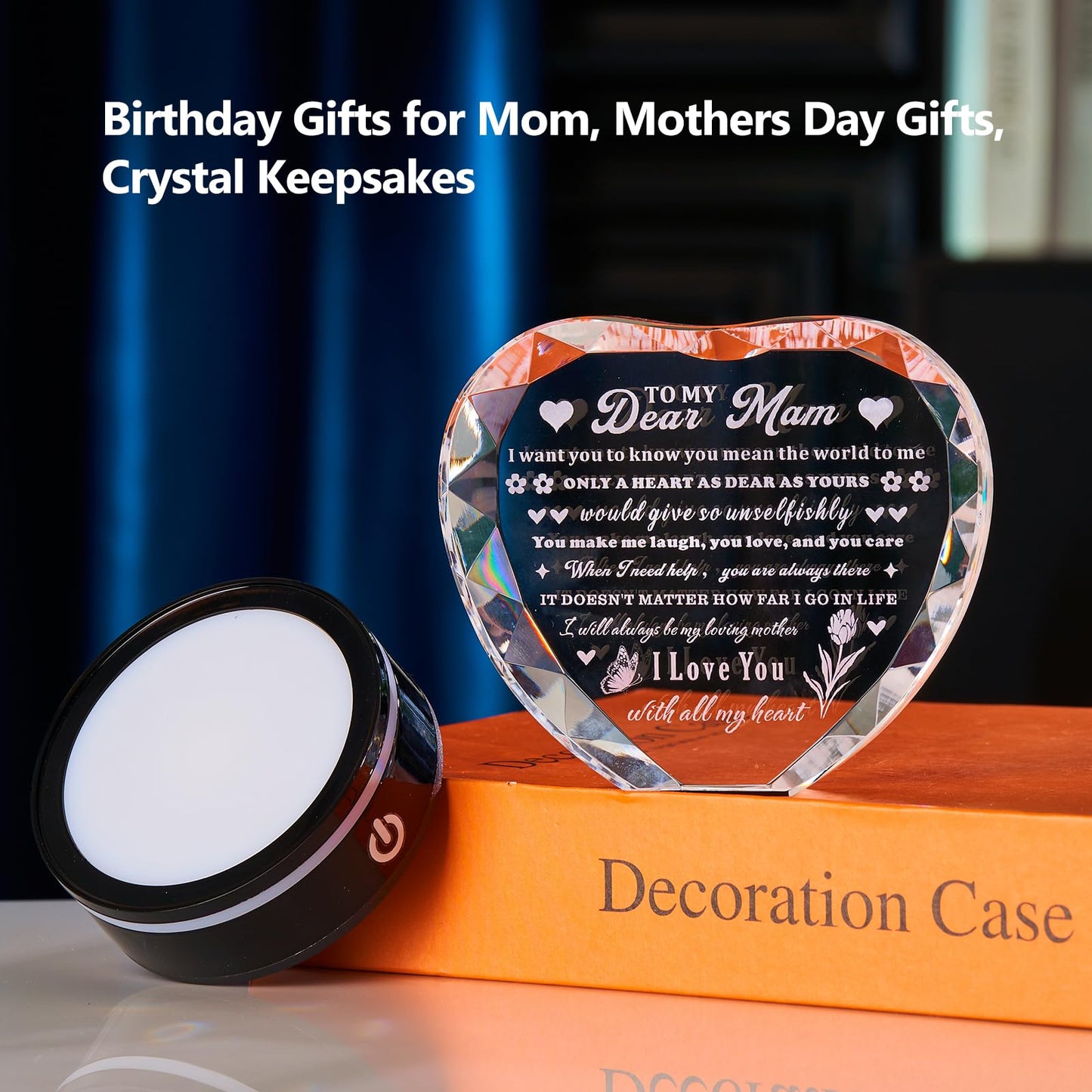 XLSJGYP Crystal Heart Birthday Gifts Ideas for Mother from Son Daughter Moms Mother's Day Mothers Day Gifts for Mom Romantic Best Unique Keepsakes Presents with Colorful LED Base Gift (Mom Gifts)