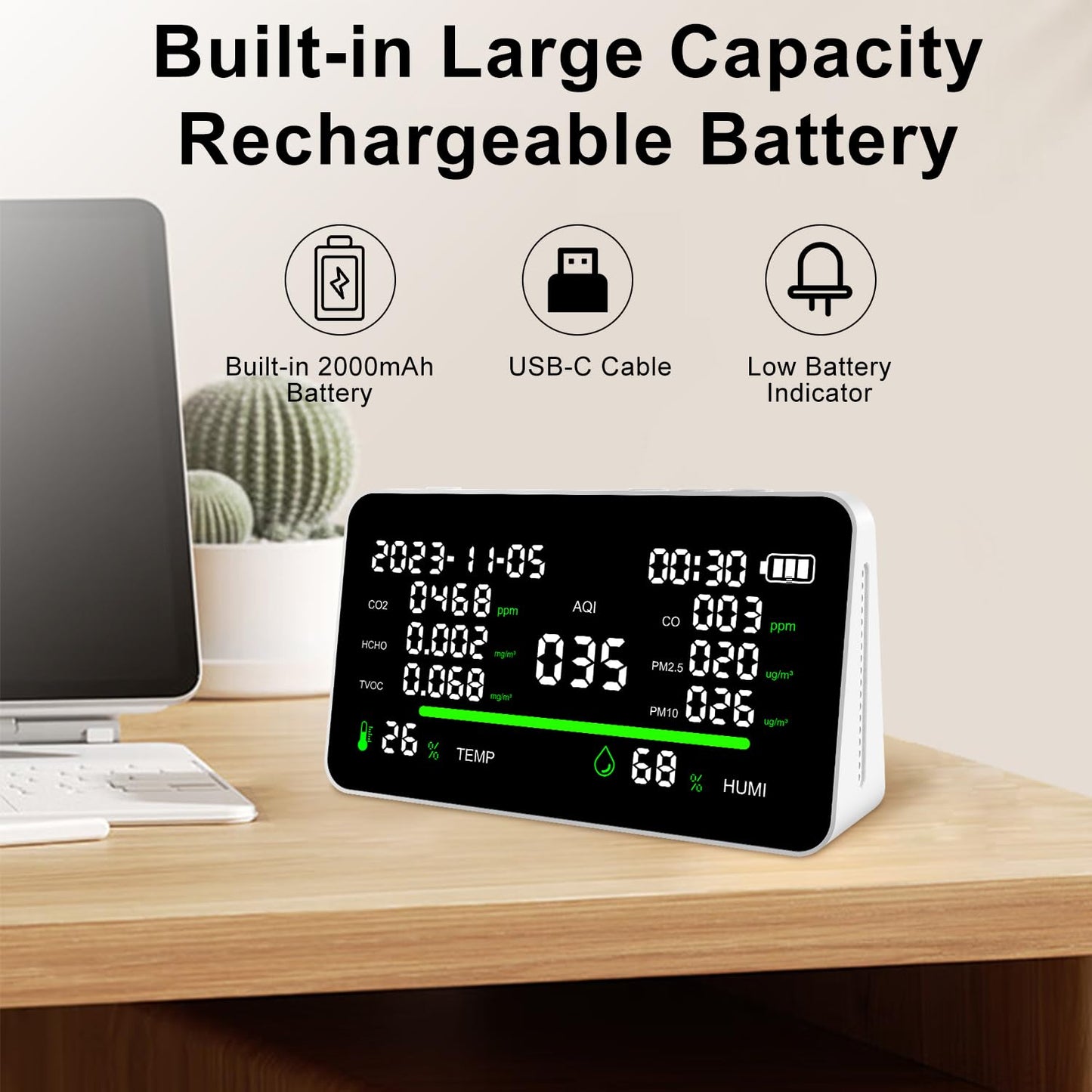 11-in-1 Air Quality Monitor, Indoor CO2/VOC/AQI/PM2.5/Thermometer/Humidity Monitor, Portable Smart Air Quality Meters, Air Quality Tester for Home Office Outdoor, Battery Powered