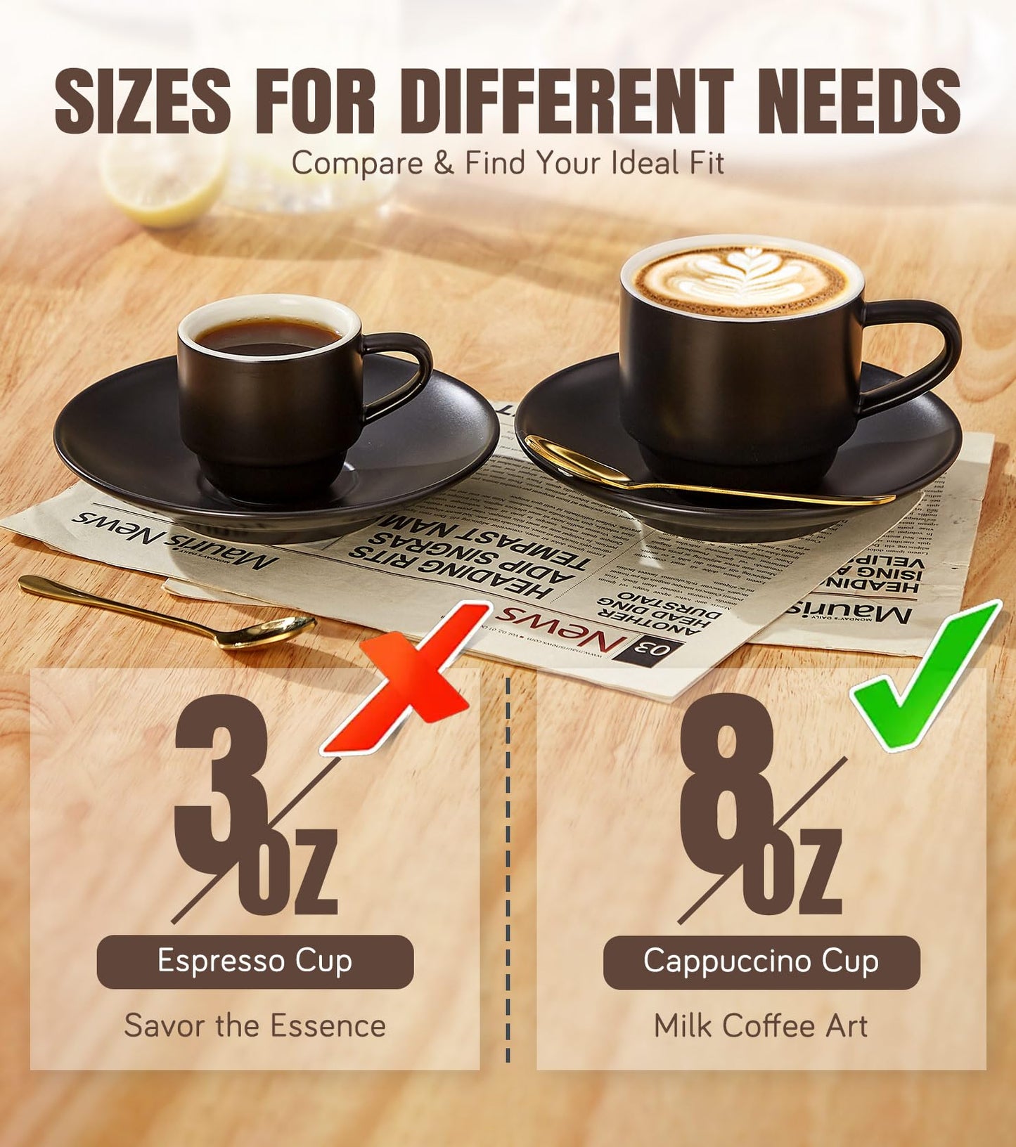 Lareina 8 Ounce Porcelain Cappuccino Cups Set of 4, Stackable Coffee Cups with Saucers, Spoons and Metal Stand -for Specialty Coffee Drinks, Cappuccino, Latte, Americano and Tea, Black