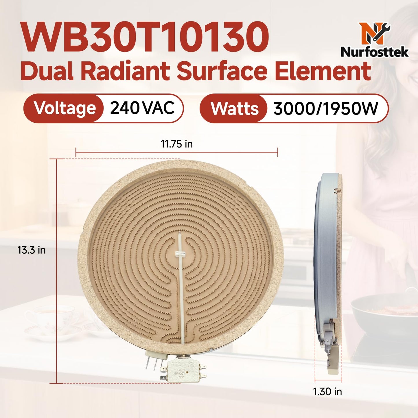 Nurfosttek WB30T10130 Dual Radiant Surface Element, 12 Inch, 3000/1950W 240VAC, Compatible with GE Ranges, Replacement for 1474216, AP4344395, PS2321564, EAP2321564, AH2321564