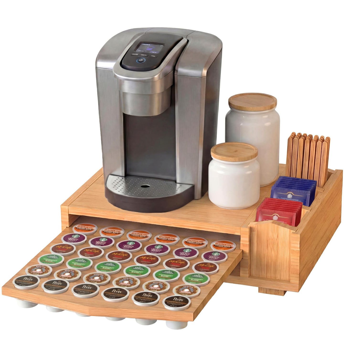 HAUSFY Bamboo Keurig Pod Organizer, Large 36 K-Cup Capacity Aesthetic Under Machine K-Cup Storage Drawer, Space-Saving Keurig Stand With Storage, 3 Slots For Tea & Spoons, Fits Keurig Brewers