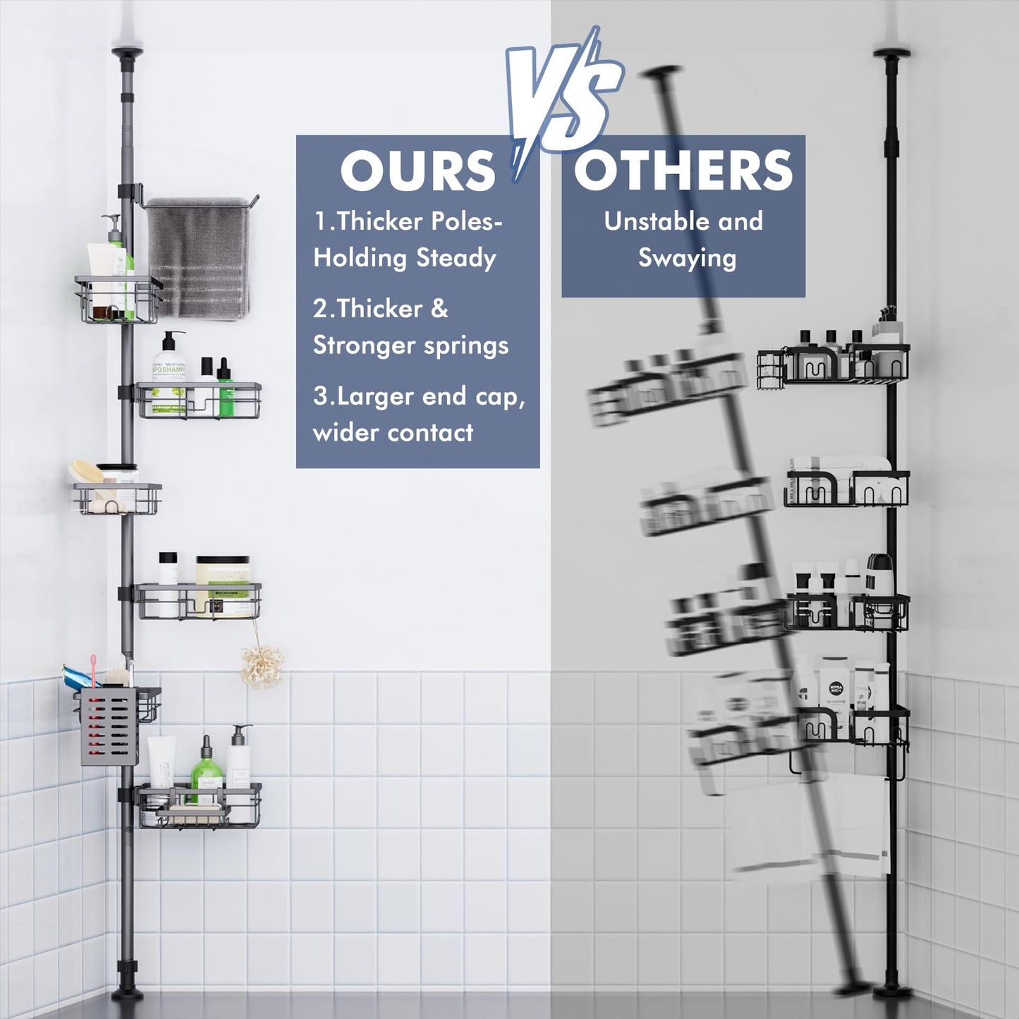 Vatex Corner Shower Caddy Tension Pole,30-120 Inch Adjustable Shower Organizer, 6-Tier Shower Shelves with Towel Rack/Toothbrush Holder/Soap Dish, Bathroom Corner Storage Rust-Resistant