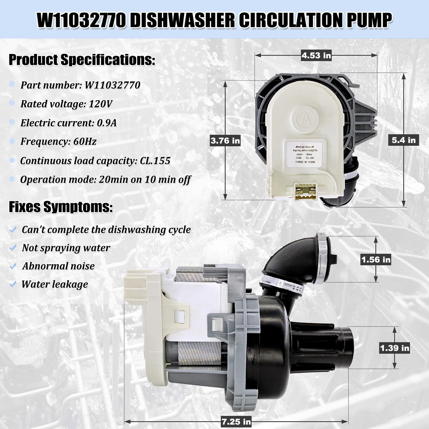 W11032770 Dishwasher Circulation Pump Motor Assembly, W10529163 Dishwasher Pump Motor Replacement Parts WPW10529163 W10885542 W10864037 W10816492
