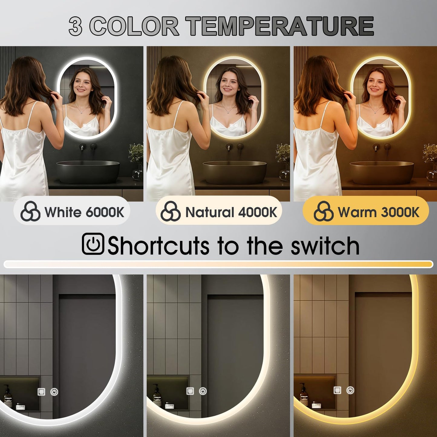 JingImage 20x28 LED Bathroom Mirror with Lights Oval, Lighted Bathroom Vanity Mirror for Wall, Front Lit and Backlight, Anti-Fog, 3 Color Dimmable, Vertically Only