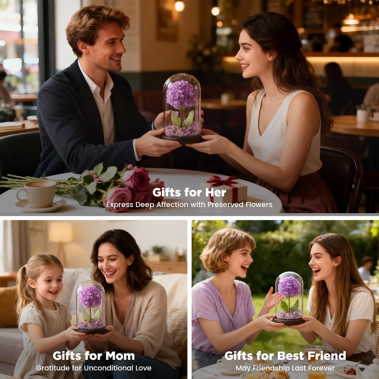 AIMEYE Forever Hydrangeas in Glass Dome,Forever Preserved Flowers Gifts Mothers Day Birthday for Grandma Women Mom Wife,Fresh Flowers for Delivery/Purple Hydrangea