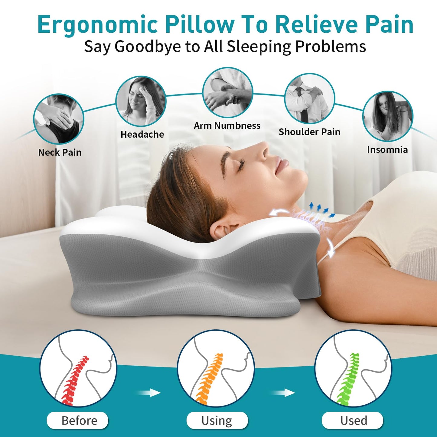 Besyodo Cervical Pillow for Neck Pain Relief - Ergonomic Neck Pillow for Sleeping, Contour Memory Foam Pillows Side Sleeper Pillow for Neck Support, Bed Pillow for Back Stomach Sleepers