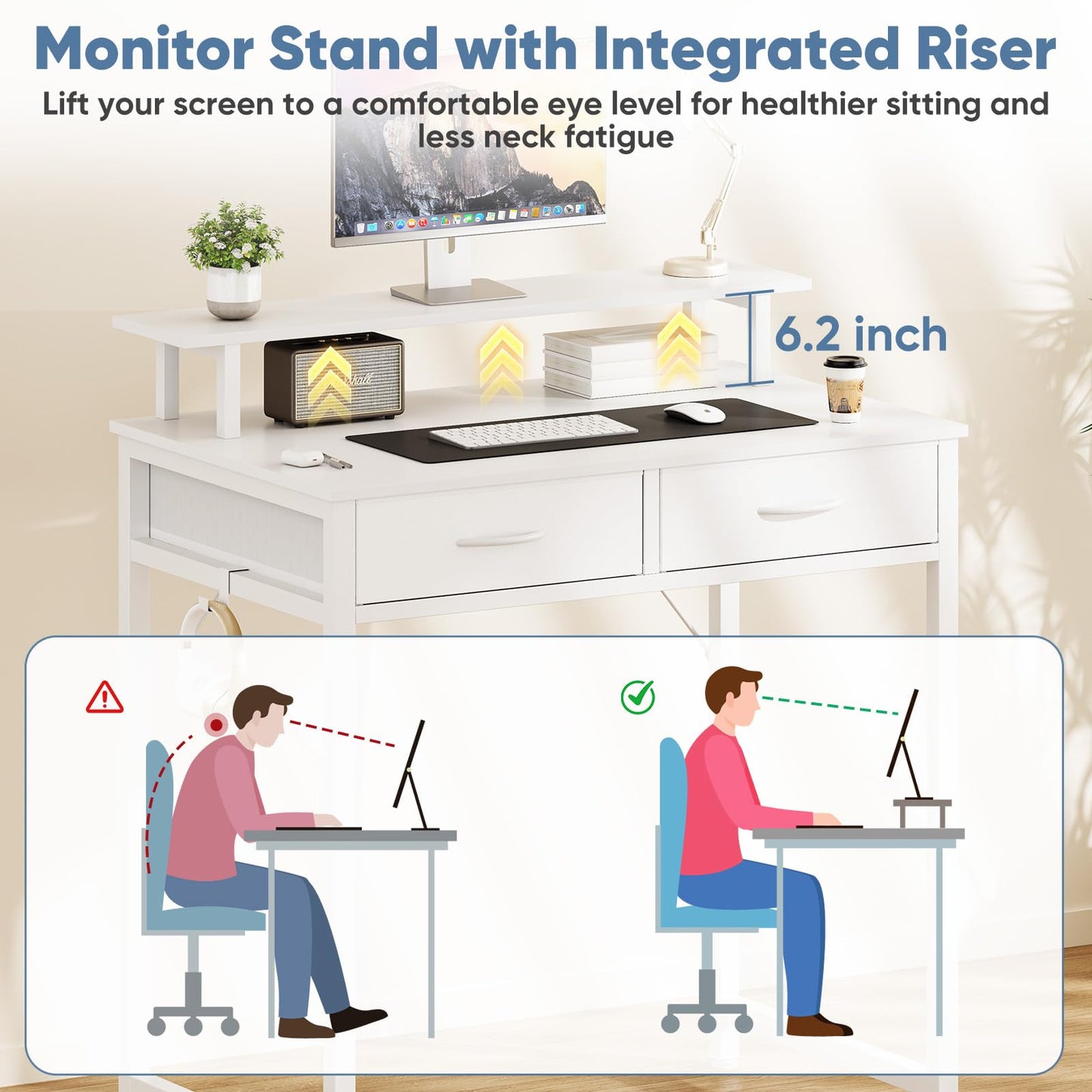 DUMOS 31.5" x 19.7" Compact Computer Desk with Monitor Stand and 2 Drawers, Small Writing Desk with Drawers for Home Office, Study Table for Small Spaces, White