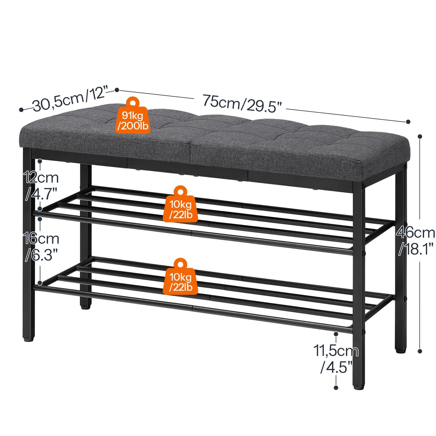 HOOBRO Shoe Bench, Storage Bench with Cushion, Entryway Bench Shoe Shelf with Seat, 12 x 29.5 x 18.1 Inches, Shoe Rack for Living Room, Bedroom, Hallway, Dark Gray BGZ95HX01