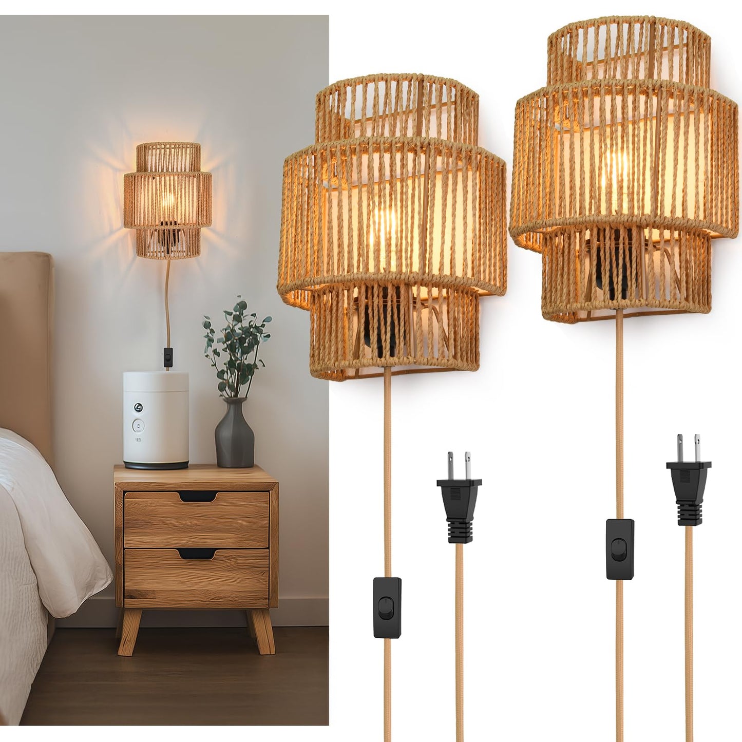 AKEETO Plug-in Wall Sconces Set of 2, Handwoven Bohemian Wall Decor with Switch, Wall Lights Fixtures for Bedroom Living Room Hallway Porch