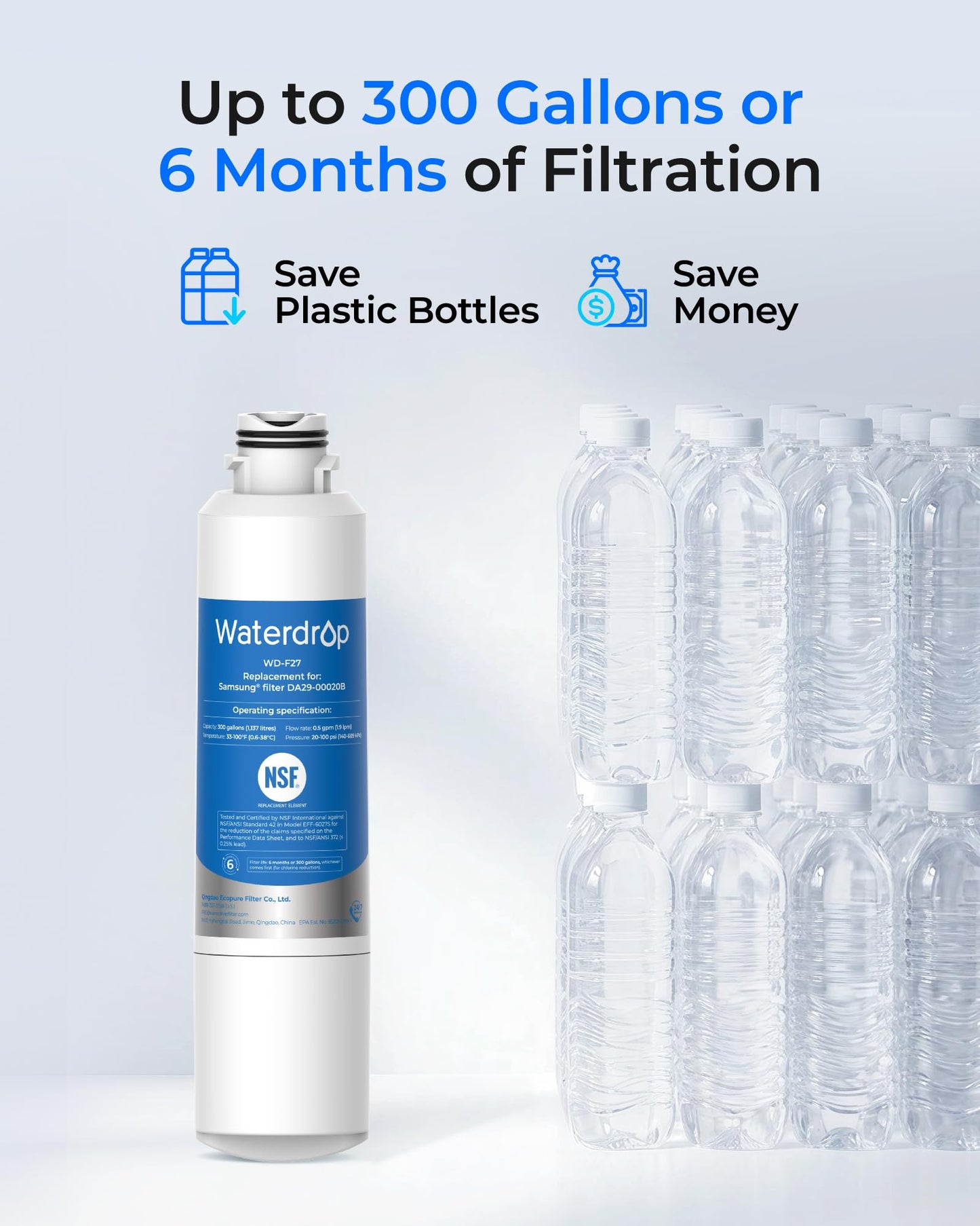 Waterdrop Refrigerator Water Filter, Replacement for Samsung HAF-CIN/EXP, DA29-00020B, DA97-08006A, RF263BEAESR, RF28HMEDBSR, RF263TEAESG, RF4287HARS, 6 Filters