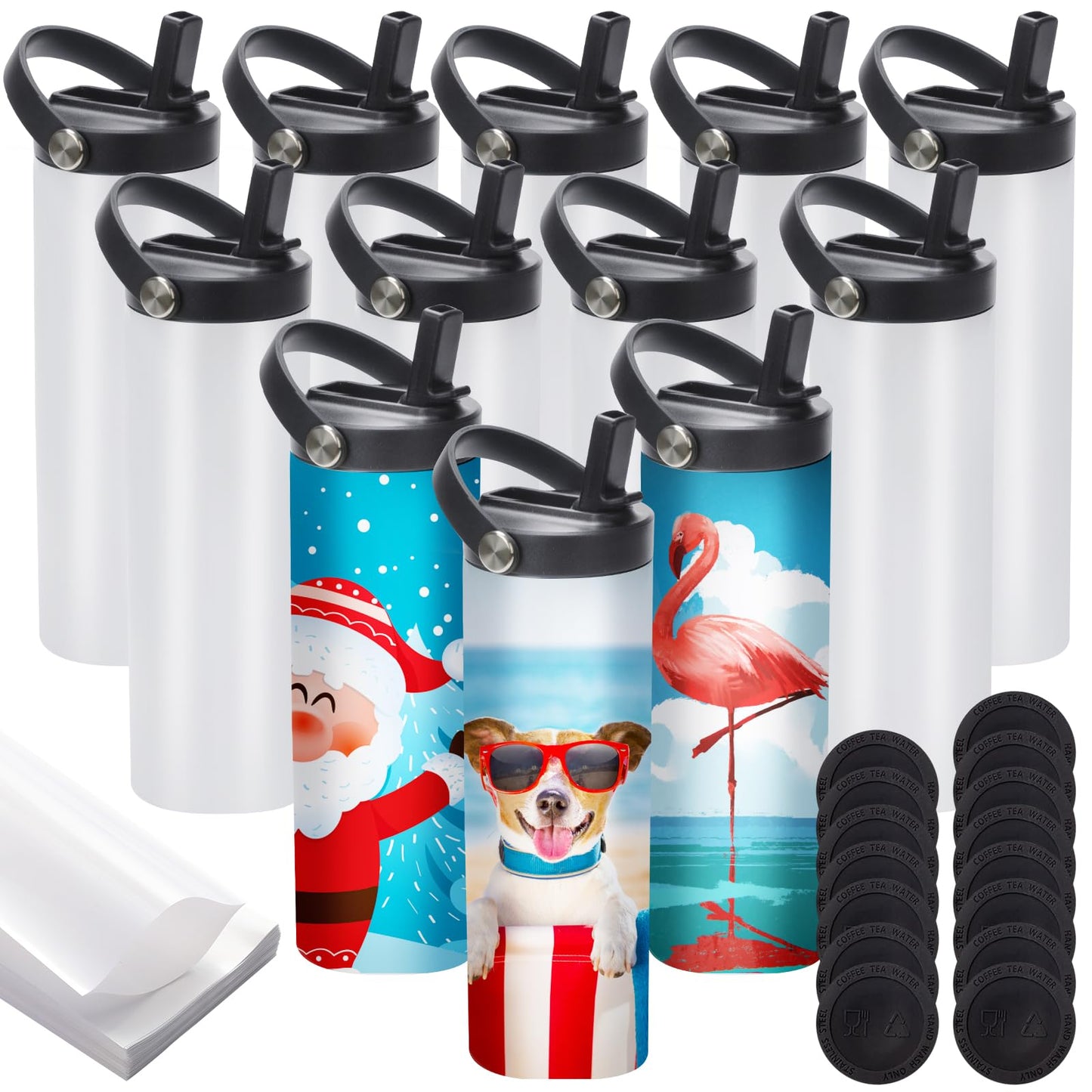 12 Pack Sublimation Tumblers Flat Edge Blanks Skinny Straight 20 oz, Stainless Steel Double Wall Insulated Sublimation Water Bottles with Portable Handle & Straw Lids for Heat Transfer, White