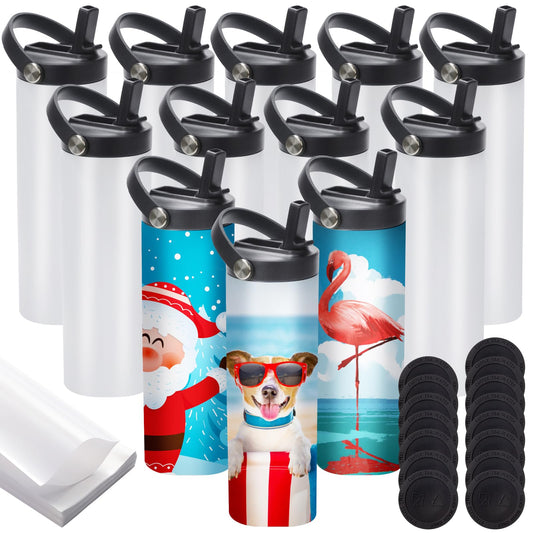 12 Pack Sublimation Tumblers Flat Edge Blanks Skinny Straight 20 oz, Stainless Steel Double Wall Insulated Sublimation Water Bottles with Portable Handle & Straw Lids for Heat Transfer, White