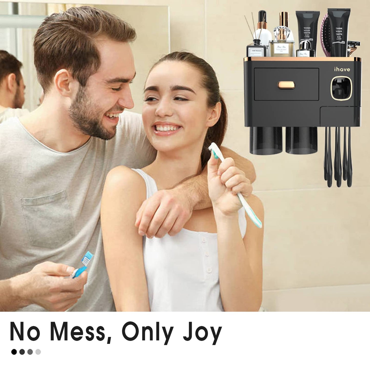 iHave Toothbrush Holders Wall Mounted with Toothpaste Dispenser & 2 Cups - Luxury Black and Gold Design for Bathroom Decor, All-in-One Bathroom Organizers & Storage for Toothbrushes and Accessories