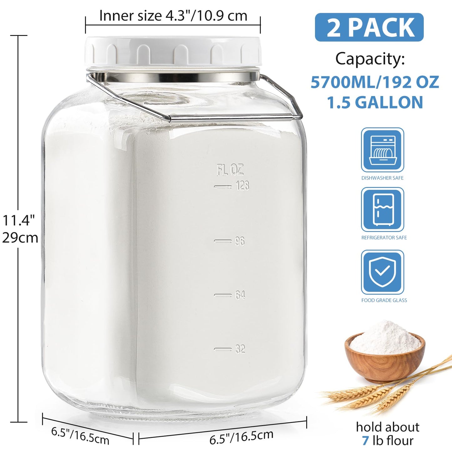 1.5 Gallon Glass Jar with airtight Lid, 2 Pack Wide Mouth Mason Jars with Sturdy Handle, Storage Containers with 2 Clear Scales(192 fl Oz/5700ML), Large Glass Jar for Pickling, Canning, Storage