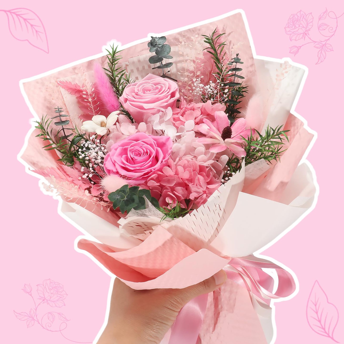 Preserved Flowers Bouquet-Pink Forever Flowers For Delivery Prime, Ideal Anniversary Valentine Gifts for Women Mother Wife Grandma