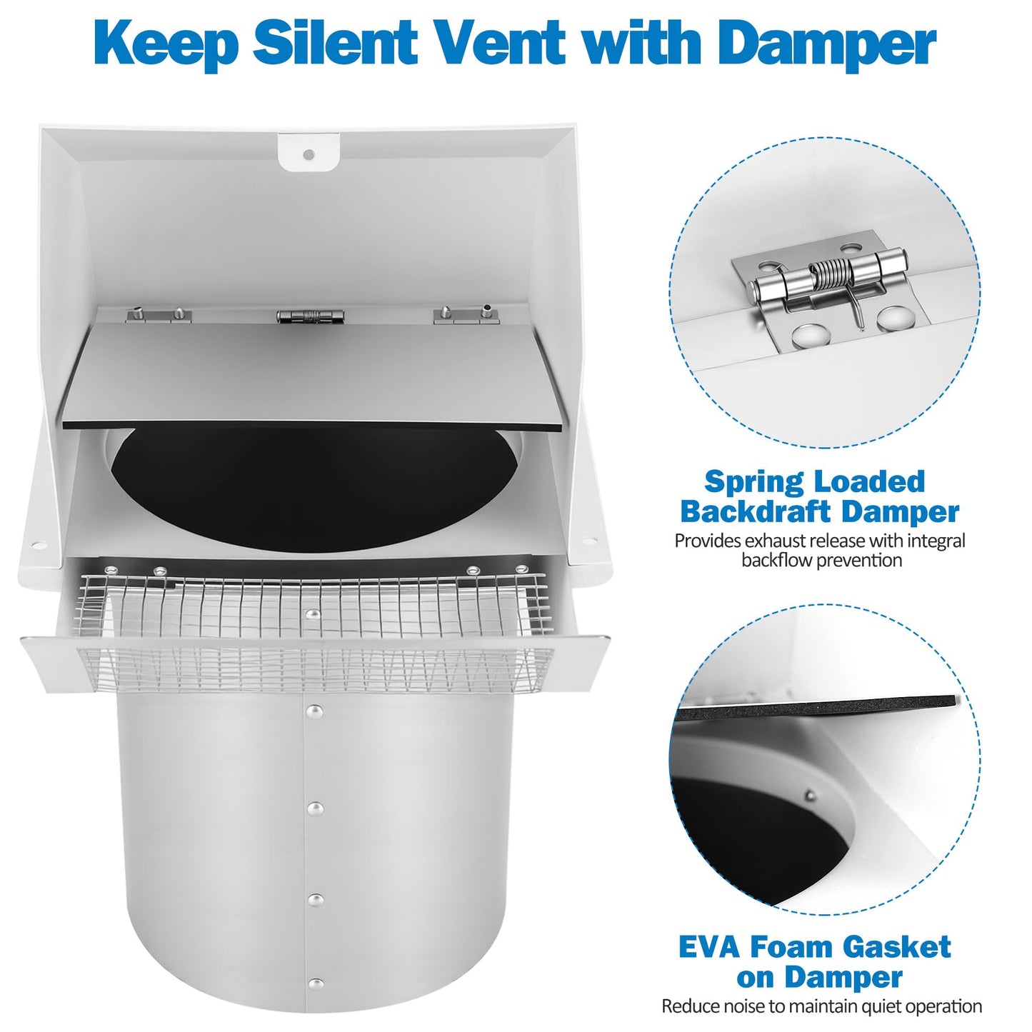 Fuairmee 6 Inch Hooded Wall Vent with Screen and Damper, Outdoor Wall Exhaust Vent Cover for Kitchen Range Air Exhaust Hood Dryer Ventilation Outside No Noise, Galvanized Steel, White