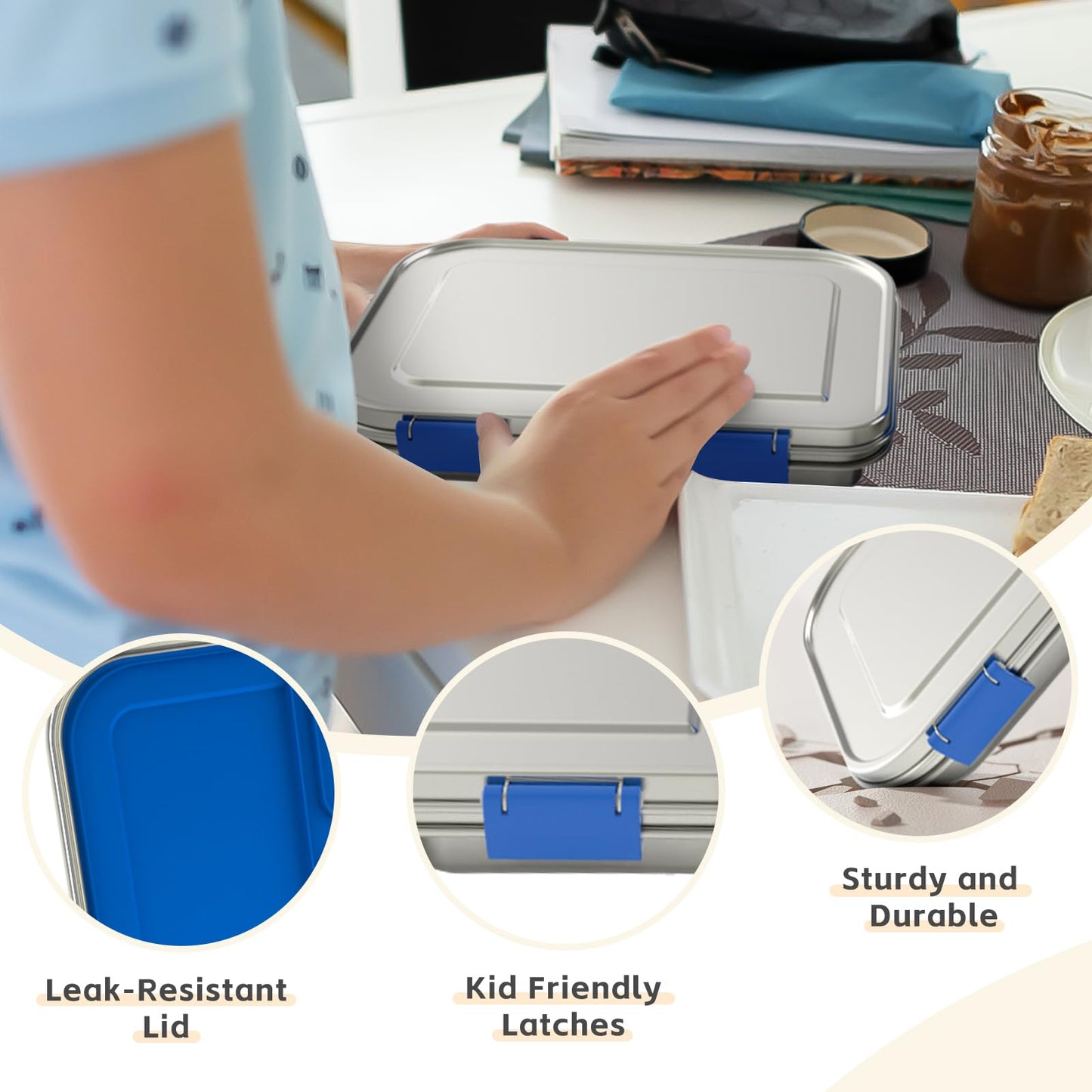 BOSEDSANG Stainless Steel Kids Leak-Resistant Bento Lunch Box, 3-Compartments with Silicone Container, Dishwasher-Safe, Child-Friendly Design for School, Picnics & Travel,BPA-Free (Blue)