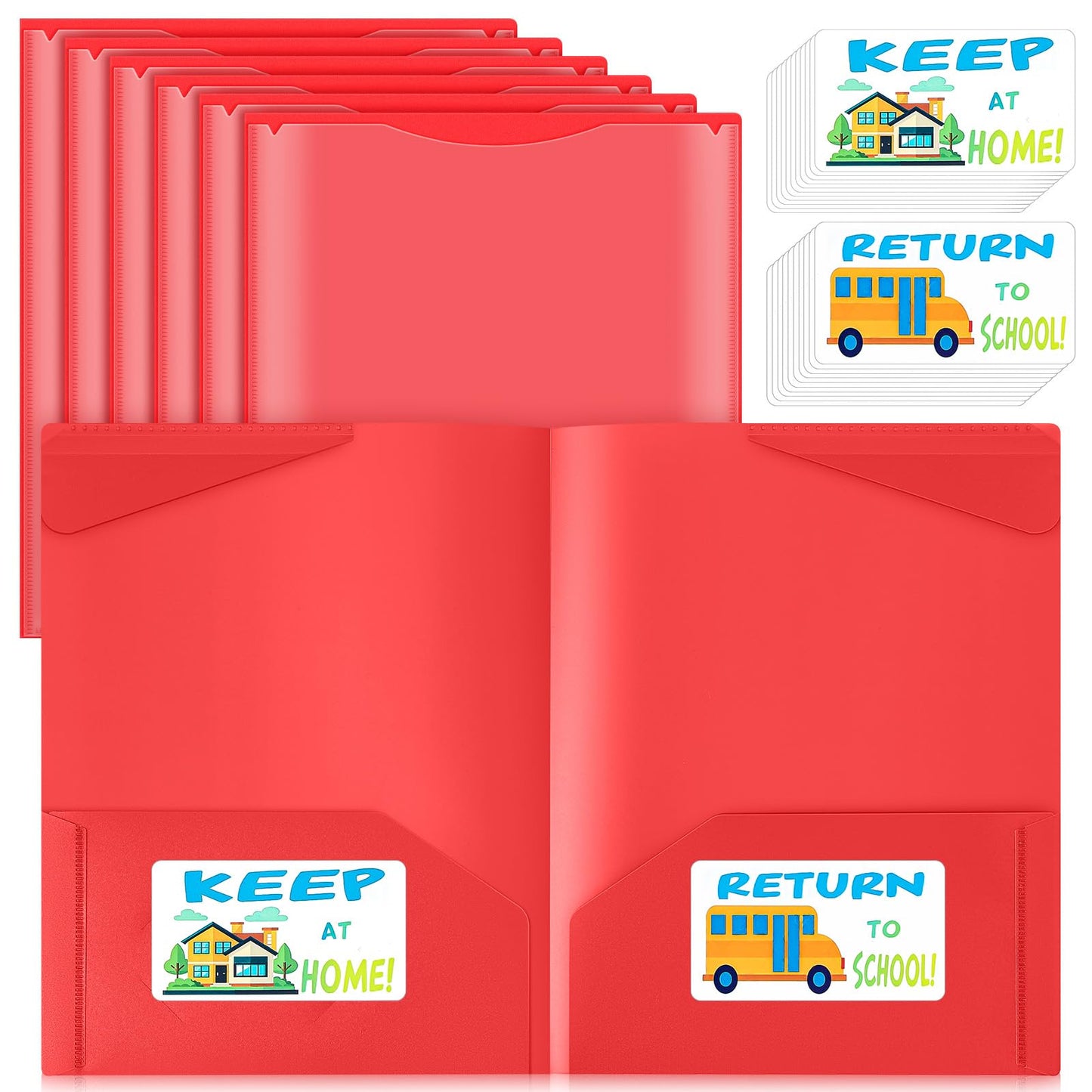 Henoyso 24 Pack Take Home Folders with 2 Pockets and Tabs, Plastic Classroom Communication Homework Folder School-to-Home with Clear Front Pocket for Students Parent Teacher Connector (Red)