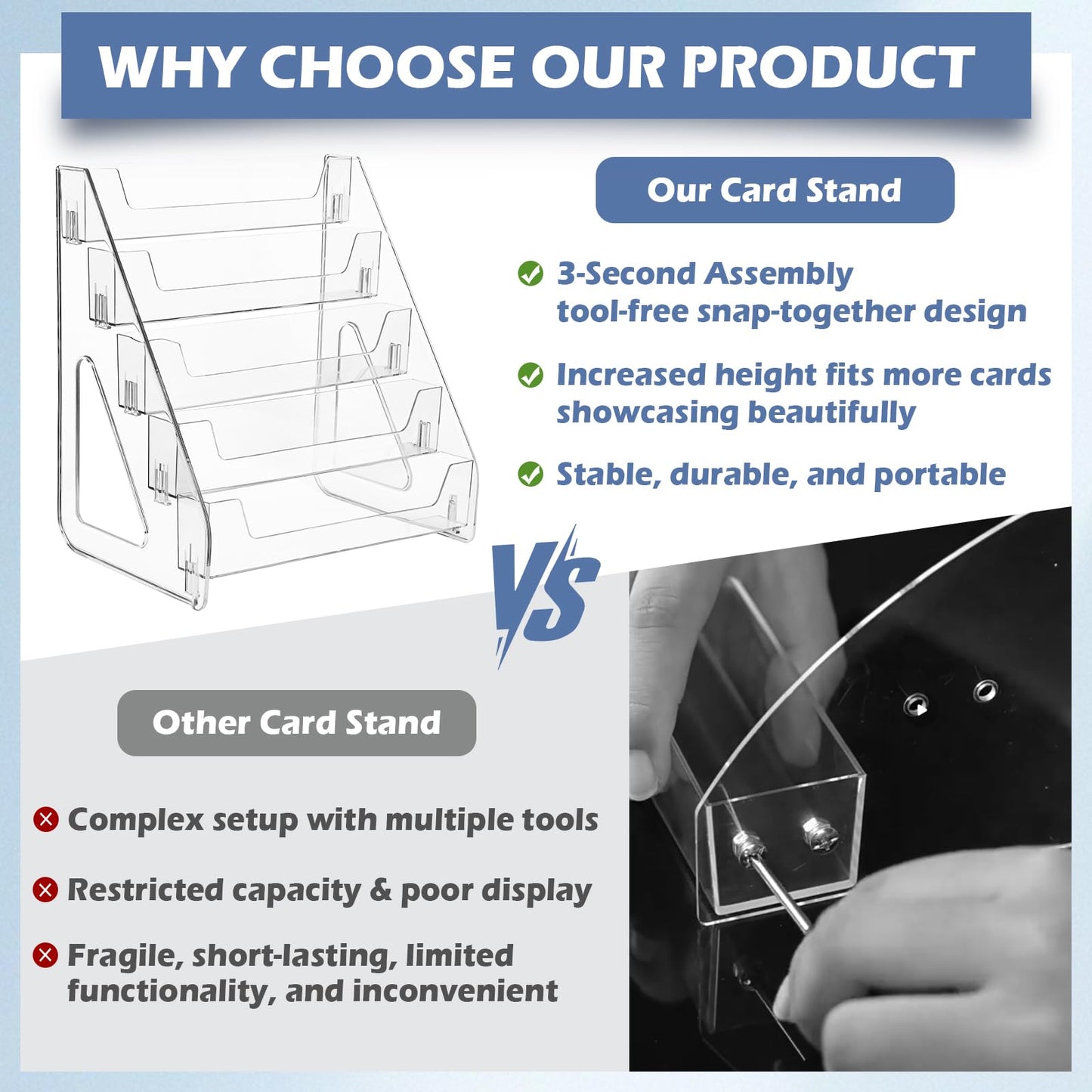 CELSOL 2 Pack Upgraded 5 Tier Acrylic Card Display Stand, Clear Display for Greeting Cards, Sports Cards, Postcards, Stickers & Brochures, Easy Snap-On, Increased Height & Thickness for Better Presentation