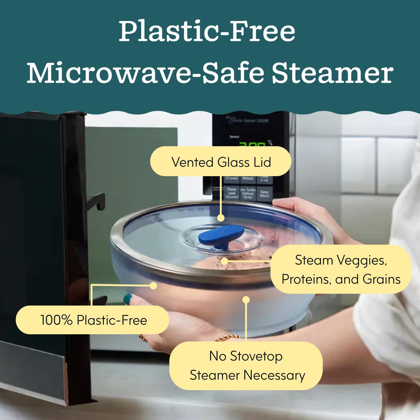 Anyday 7-Cup Glass Microwave Steamer for Vegetables – BPA-Free Glass Vegetable Steamer Bowl with Vented Lid, Healthy Microwave Cooking Container for Broccoli, Veggies, Meal Prep (Clear Kale)