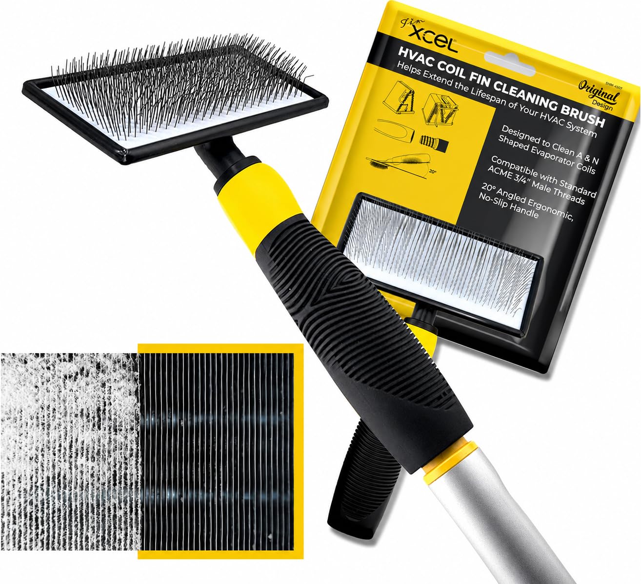 Finxcel Coil Cleaning Brush for HVAC & AC – Evaporator & Condenser Coil Cleaner Tool, 135° Stainless Steel Pins, Heavy-Duty for Tight Spaces, Safe for Delicate Fins, ACME Pole Compatible