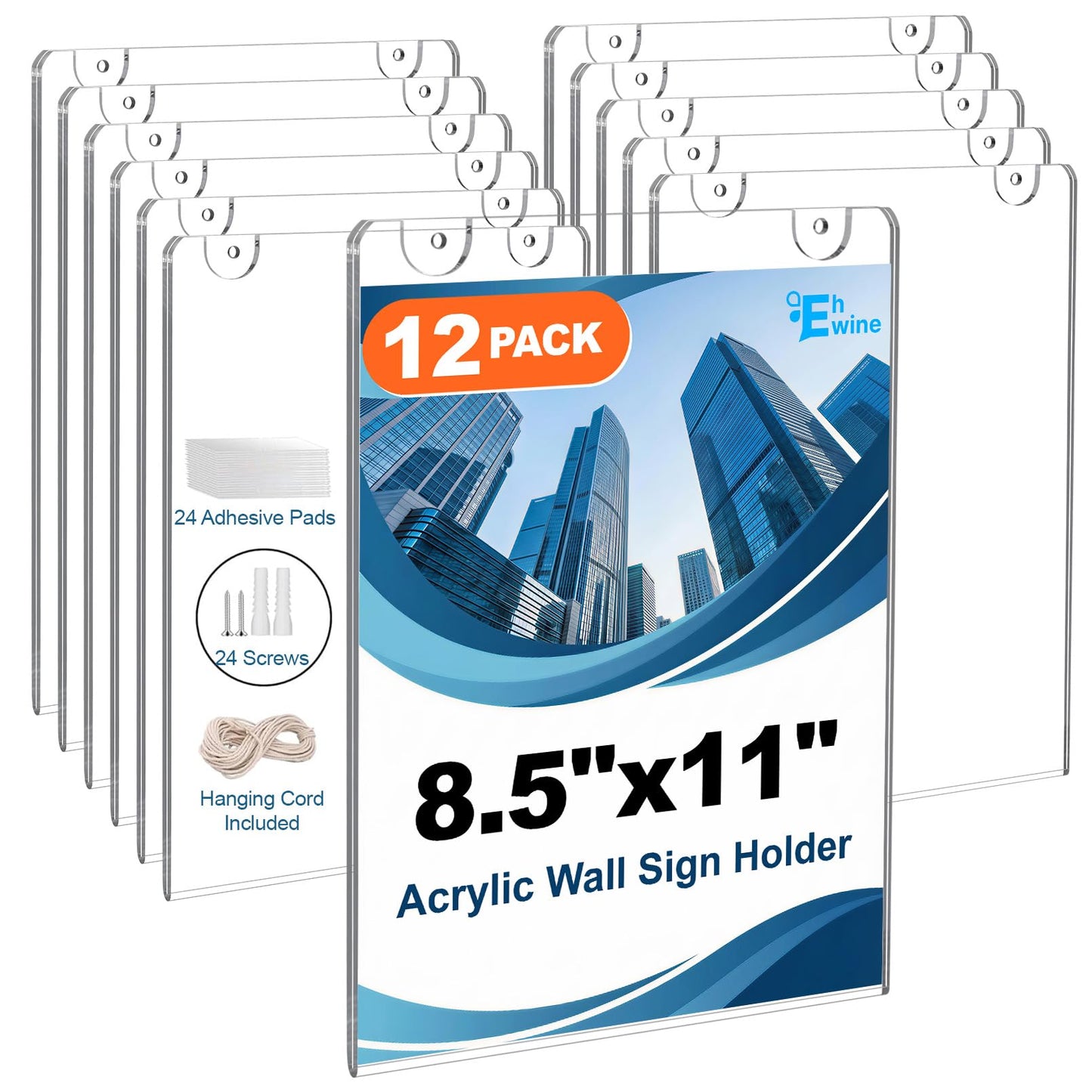 EHWINE 12 Pack 8.5x11 Wall Mount Acrylic Sign Holder, Acrylic Wall Sign Photo Menu Flyer Display Holder, Plastic Clear Picture Adhesive Frames for Office Business Store (Provide Mounting Screws)