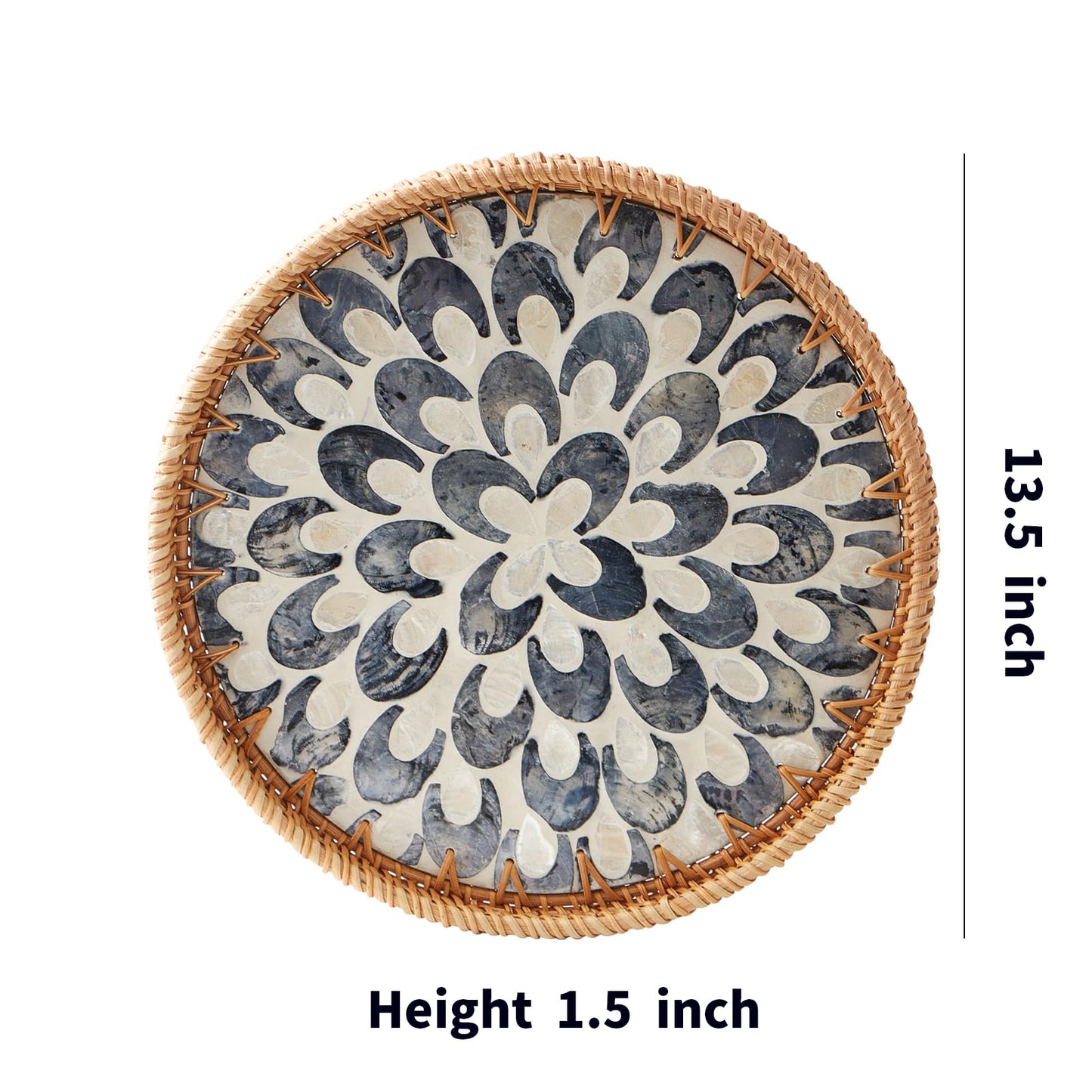 Round Rattan Tray with Mother of Pearl Inlay, Rattan Serving Tray with Wooden Base, Decorative Wicker Basket for Table Decor, Storage and Display of Coffee Bread Food Fruit (Plume 13.5")
