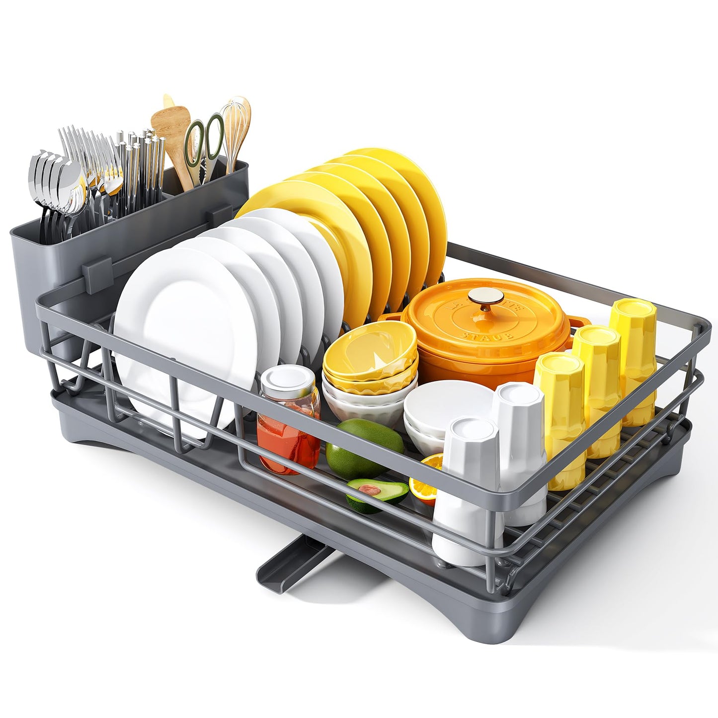 Dish Drying Rack for Kitchen Counter - Large Dish Rack with Drainboard, Rustproof Dish Drainer with Utensil Holder for Sink, Grey