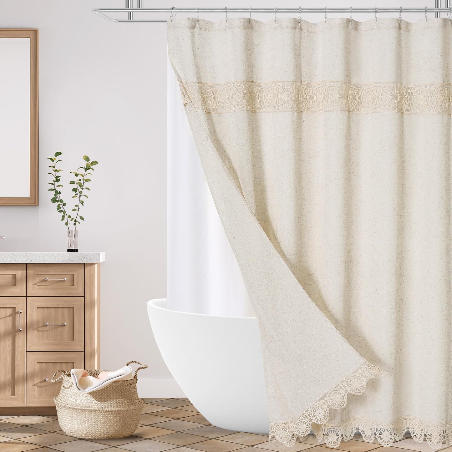 Gibelle Boho Farmhouse Shower Curtain Set, Linen Cotton Fabric Shower Curtain with Macrame Lace Decor, Modern Bohemian French Country Chic Bathroom Curtain with PEVA Liner 72x72 - Beige/Cream