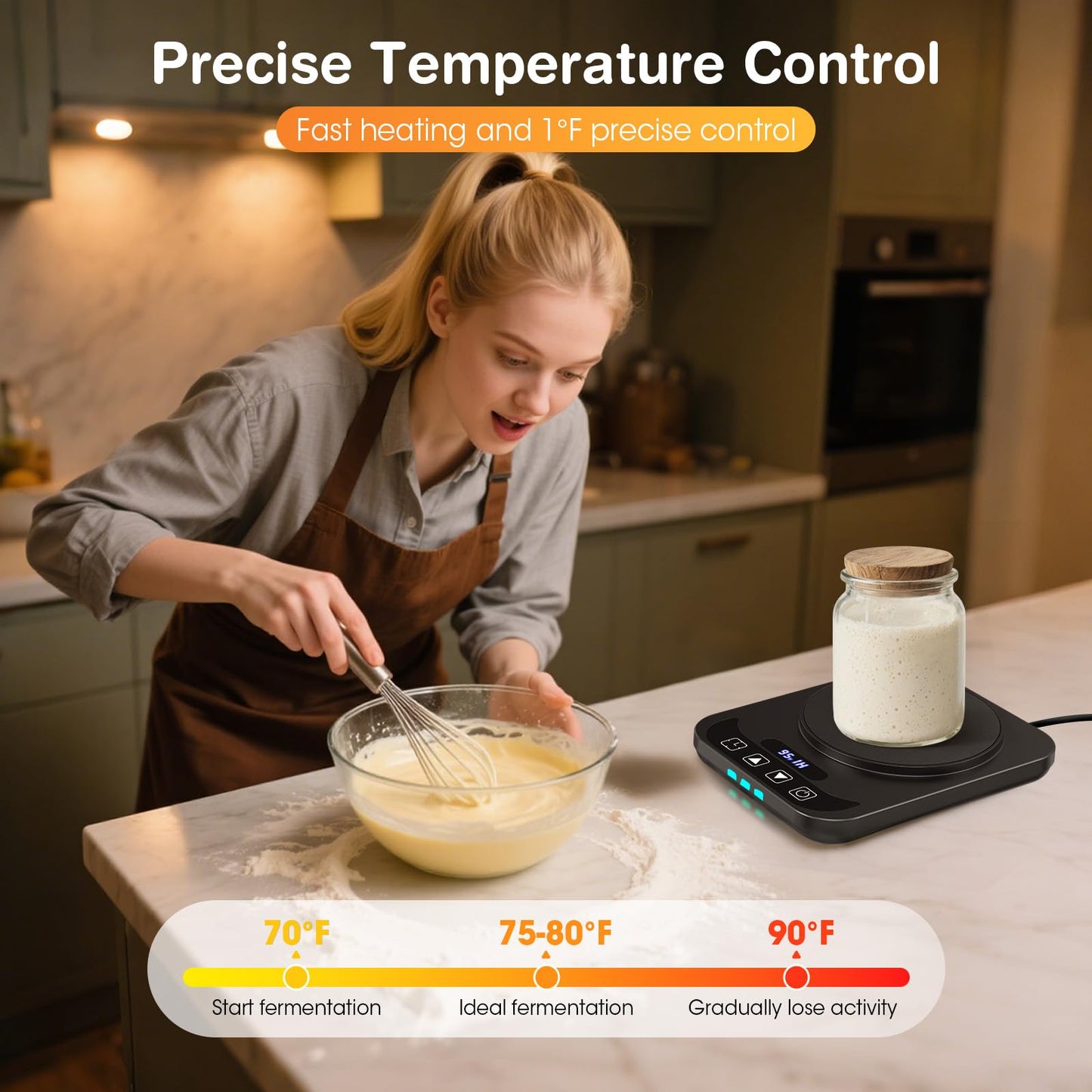 Sourdough Starter Warmer, Precise 1°F Thermostat Control (70-100°F) Sourdough Warming Mat, Auto Warming On/Off, 12-Hour Timer Sourdough Warmer for Home Baking (No Jar Included)