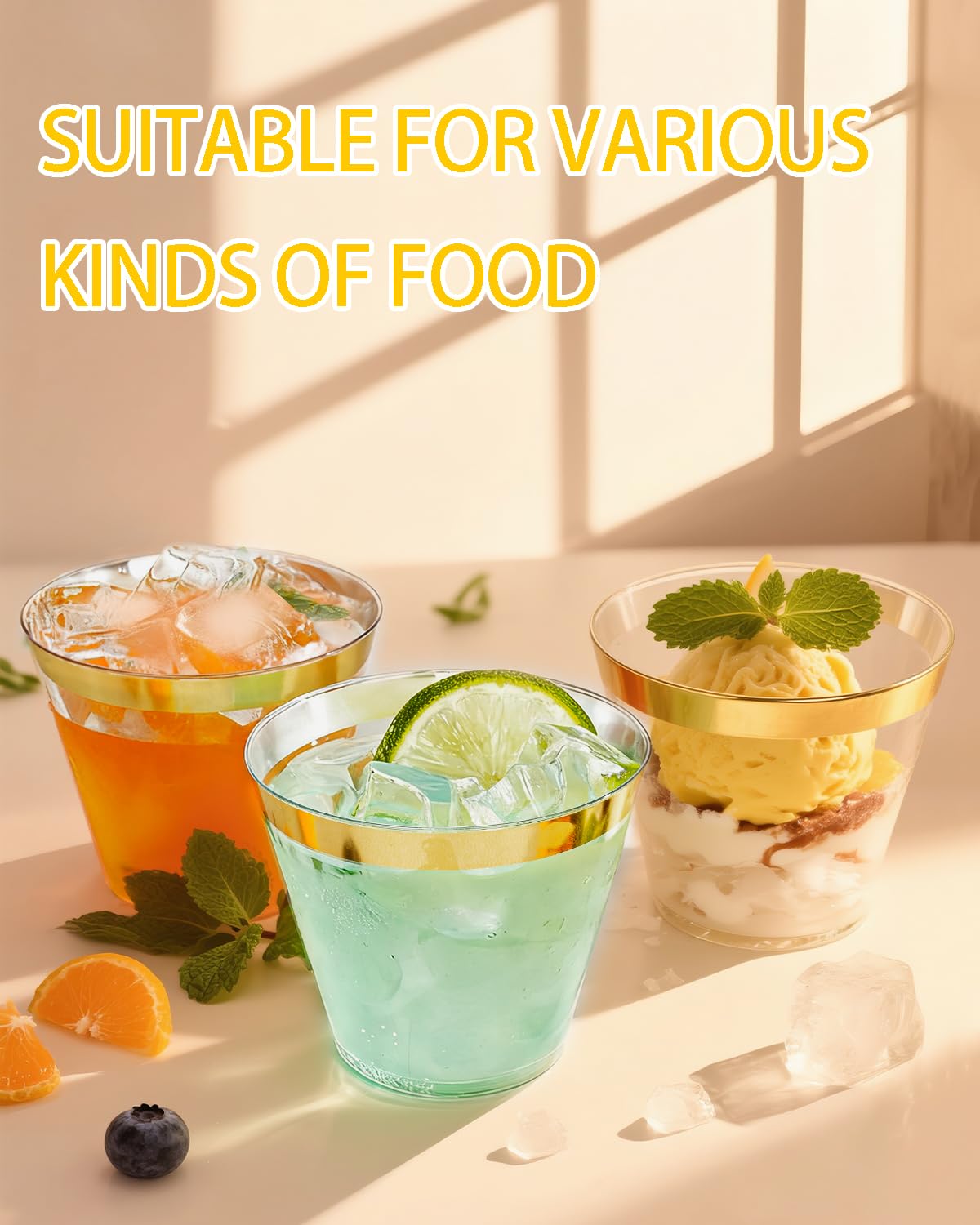 Ciaell 300PCS Gold Plastic Cups - 9Oz Heavy Duty Plastic Cups - Gold Rimmed Disposable Cup - Disposable Clear Wine Cup with Gold Rim for Party & Wedding