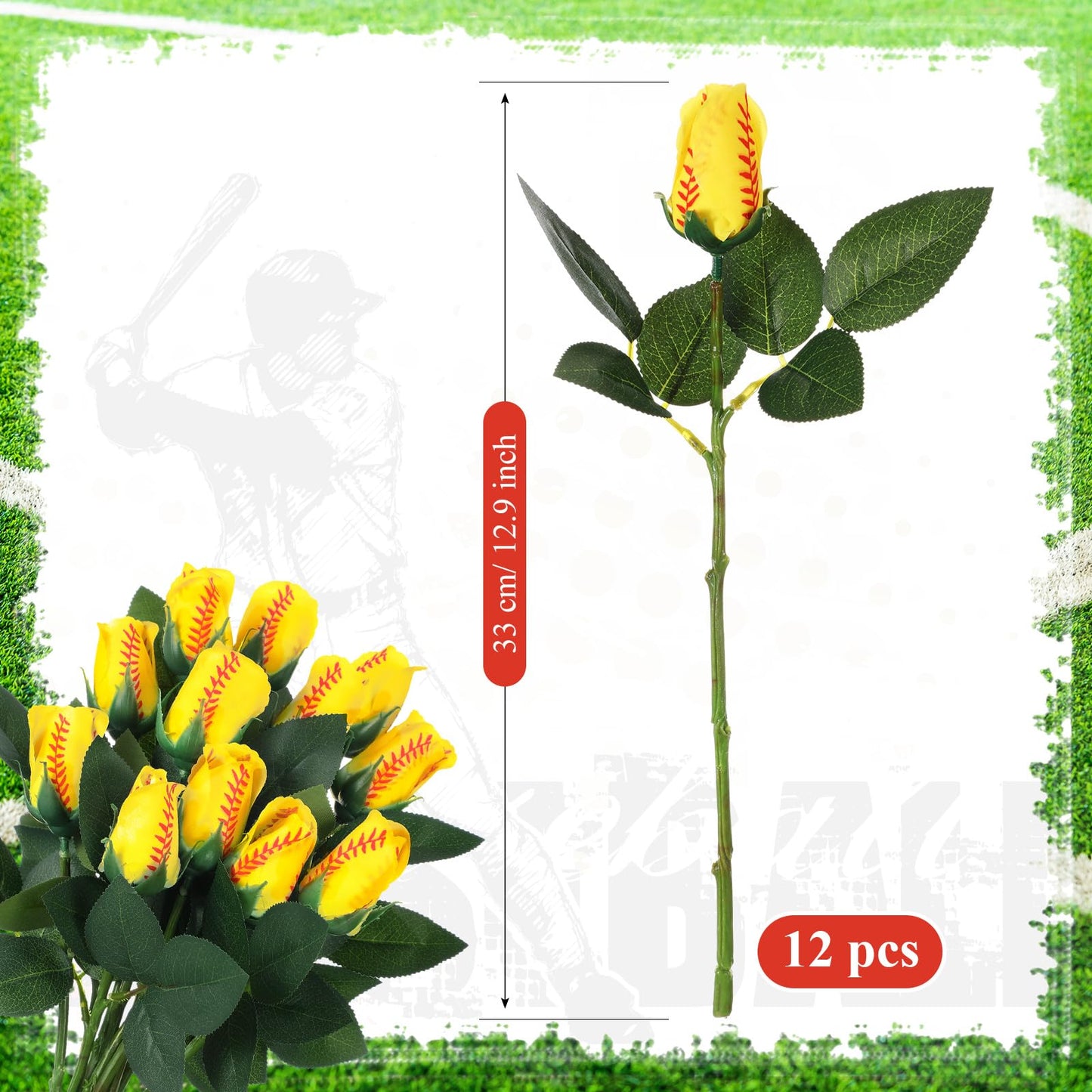 Suhine 12 Pcs Softball Rose Bulk Artificial Baseball Gifts Flower Decor for Graduation Wedding Party Sports Theme Bouquet Gift for Girl Coach Team Player Fan