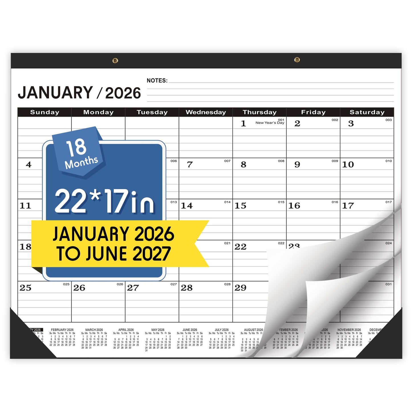 Desk Calendar 2026-2027,July 2026 to December 2027,Desk calendar 2026-2027 Large 22x17, Classroom Calendar 2027 with PVC Cover,Round Holes& NOTES List (Black),18 Months Calender 2027