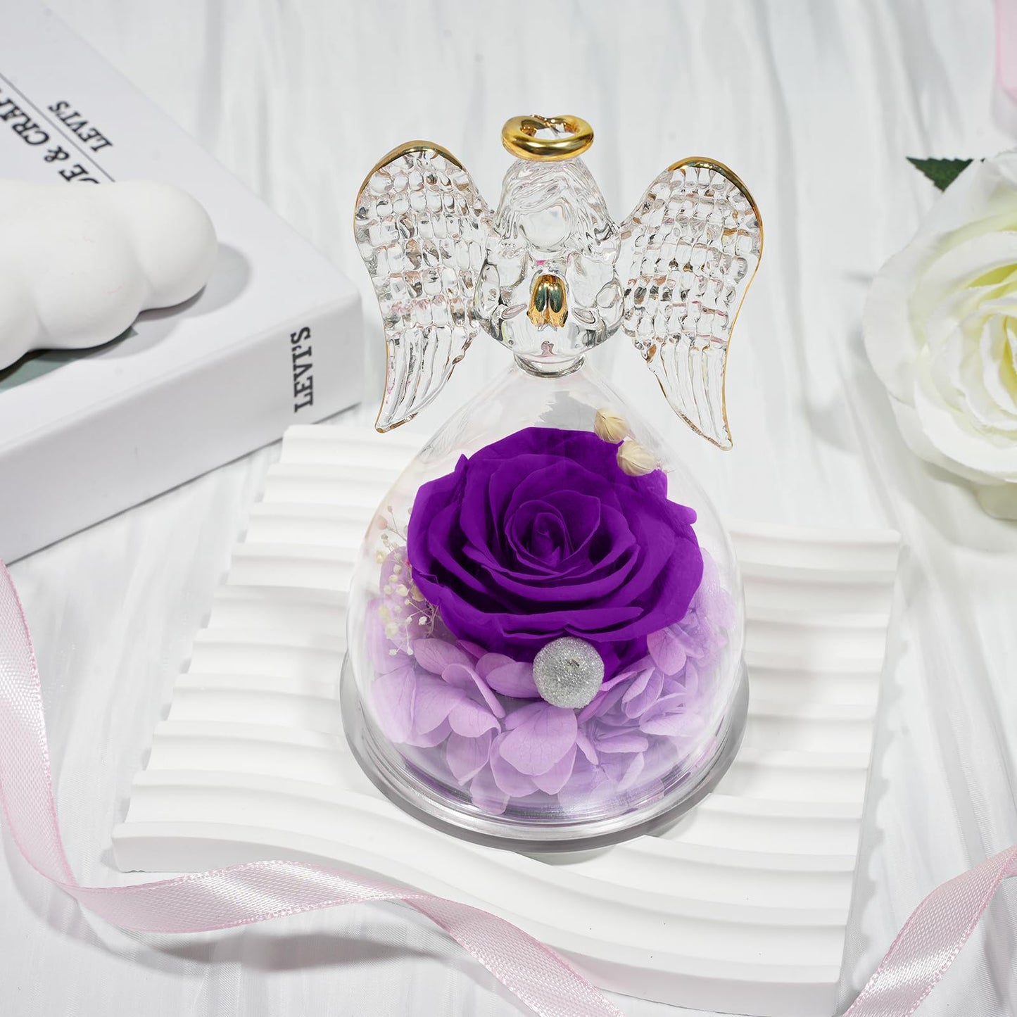 Sunia Gifts for Mom Birthday Gifts for Women, Preserved Real Roses in Glass Angel Figurine, Eternal Forever Flowers for Delivery Prime, Fresh Flower Presents for Mothers Grandma Wife Daughter Sister