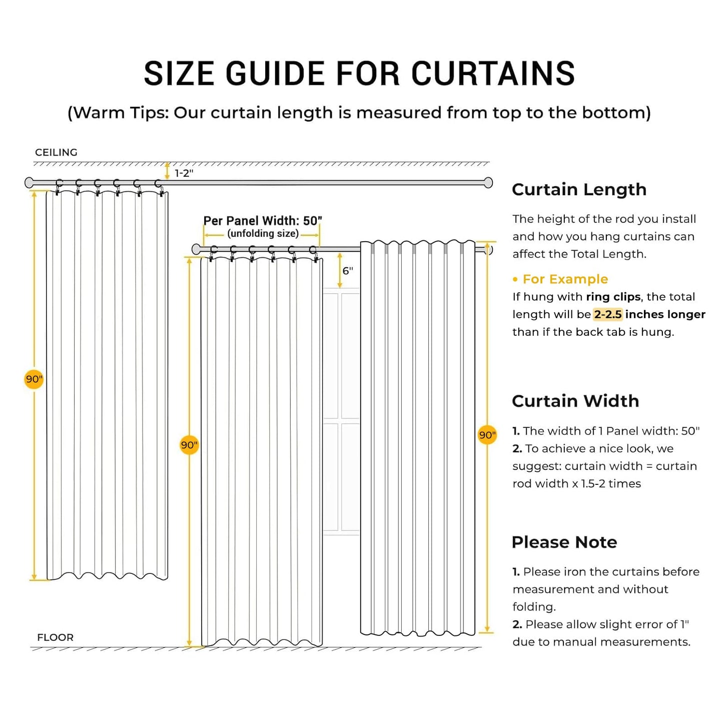 INOVADAY 100% Blackout Curtains for Bedroom, Black Out Curtains 90 Inch Long, Clip Rings Linen Blackout Drapes, Thermal Insulated Room Darkening for Living Room, 2 Panels - Beige,W50xL90