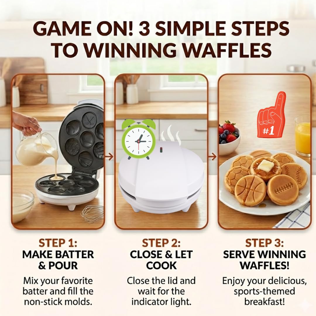 Sports Waffle Maker- Make Breakfast a Slam Dunk- Bakes 7 Themed Pancakes Including Football, Baseball, Basketball, Soccer, Tennis & More- Electric Nonstick Waffler w Recipes- Kids Team or Coach Gift