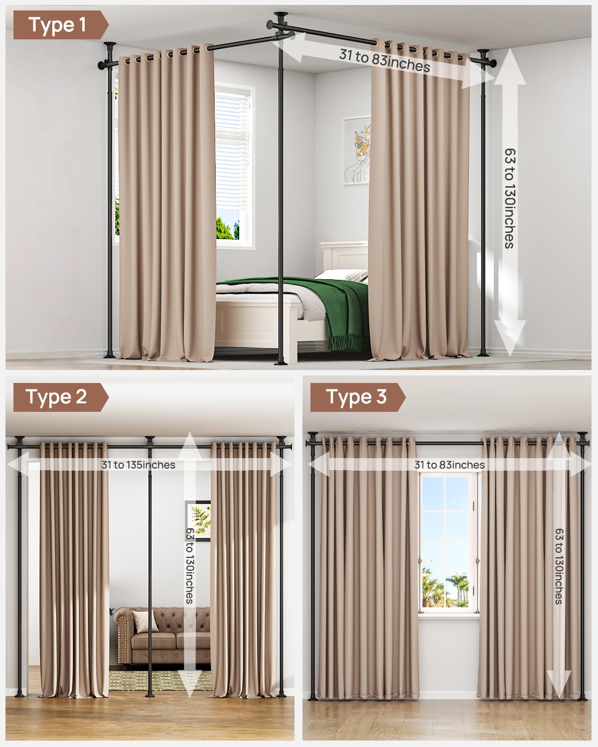 ALLZONE Tension Curtain Rods for Windows, Adjustable 31 to 135 Inch Wide, Freestanding Curtain Rods No Drilling, Apartment Renter Friendly, Heavy Duty, for Room Divider, Doorway, 63 to 130 Inches Tall