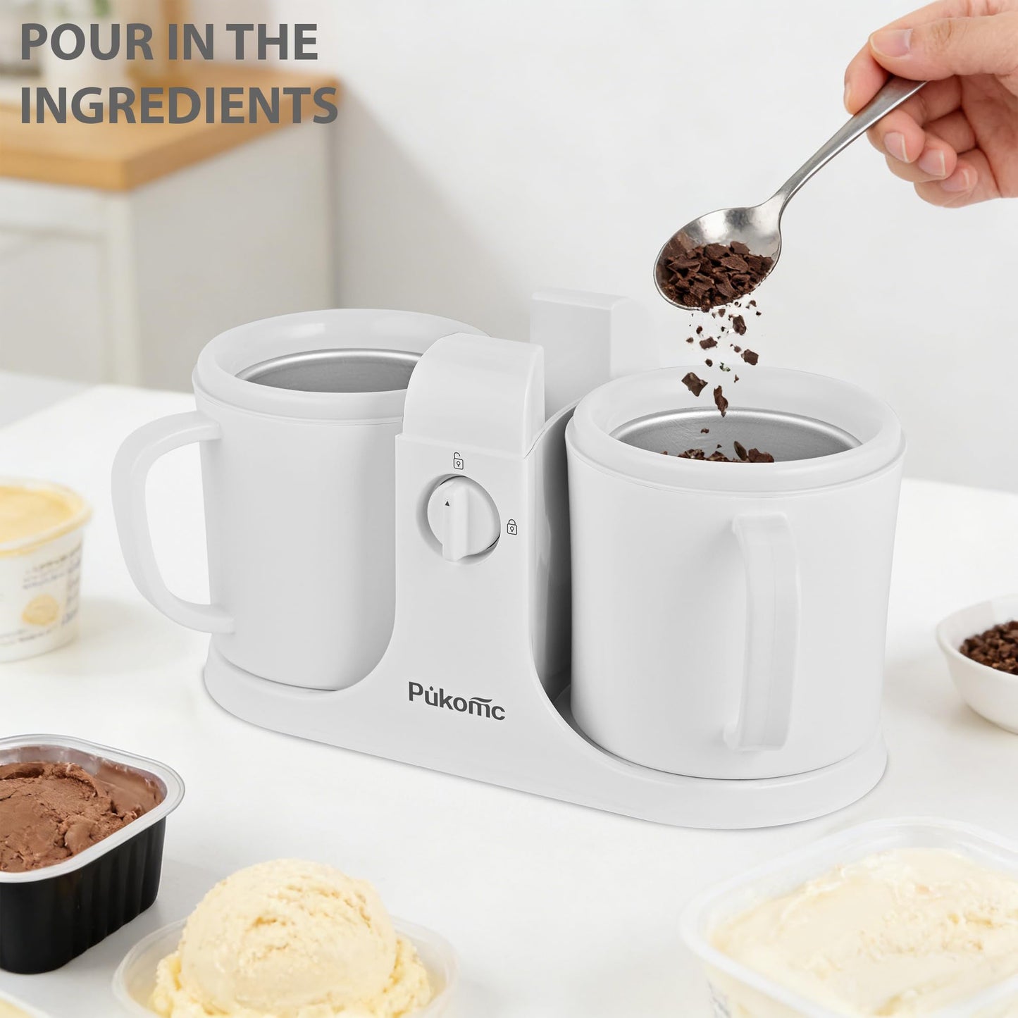 Pukomc Ice Cream Maker Machine for Home Use, with Two Ice Cream Bowls,Simple Operation and Easy to Clean,White