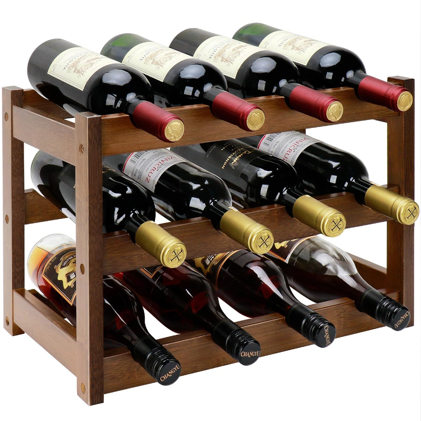 Thalomely Bamboo Wine Rack, 3-Tier 12 Bottles Wine Storage Cabinet Shelf, Easy-Assembly Freestanding Bamboo Wine Racks Countertop for Kitchen Pantry Dining Room Bar, Walnut