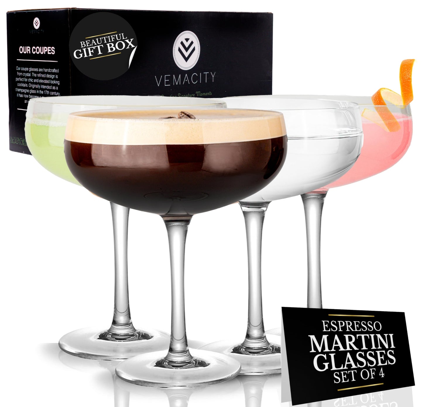 VEMACITY - Elegant Espresso Martini Glasses Set of 4 (10oz) - Classic Coupe Glasses for Martinis, Champagne, Margaritas | Handblown Crystal Cocktail Glassware | Ideal for Martinis and Cocktails