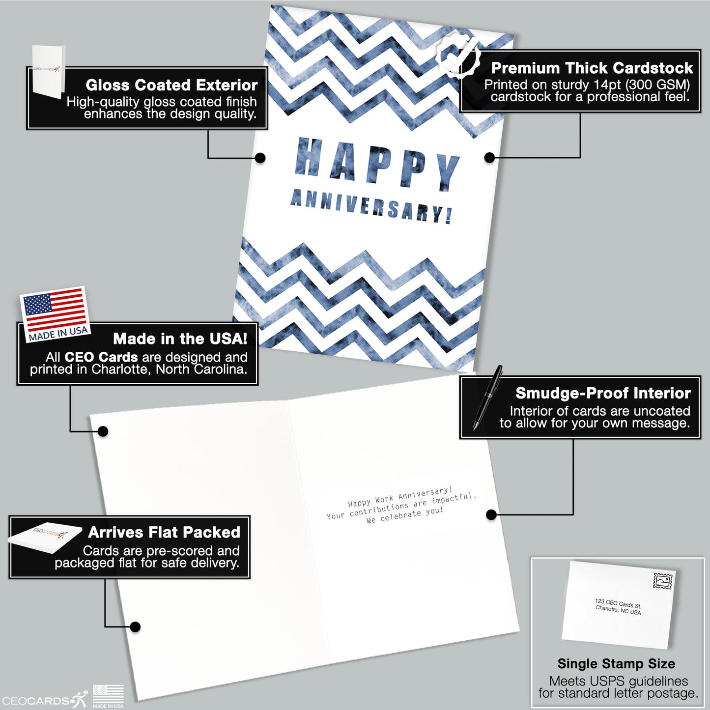 Work Anniversary Cards Bulk Greeting Set (25 Card Variety Pack – 5 Designs) Includes Envelopes - 5x7 Inch Business Anniversary Cards for Employees, Coworkers & Office (VP2412)