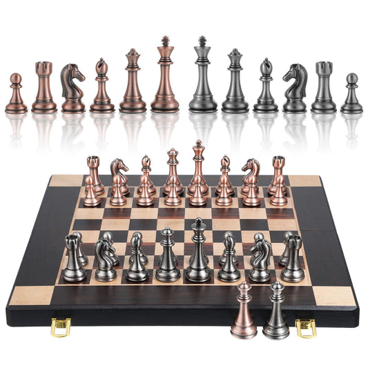 15-Inch Large Metal Chess Set for Adults and Kids with Metal Chess Pieces – Foldable Wooden Board with Storage, Portable Classic Game Set for Travel & Home, Elegant Gift for Chess Enthusiasts