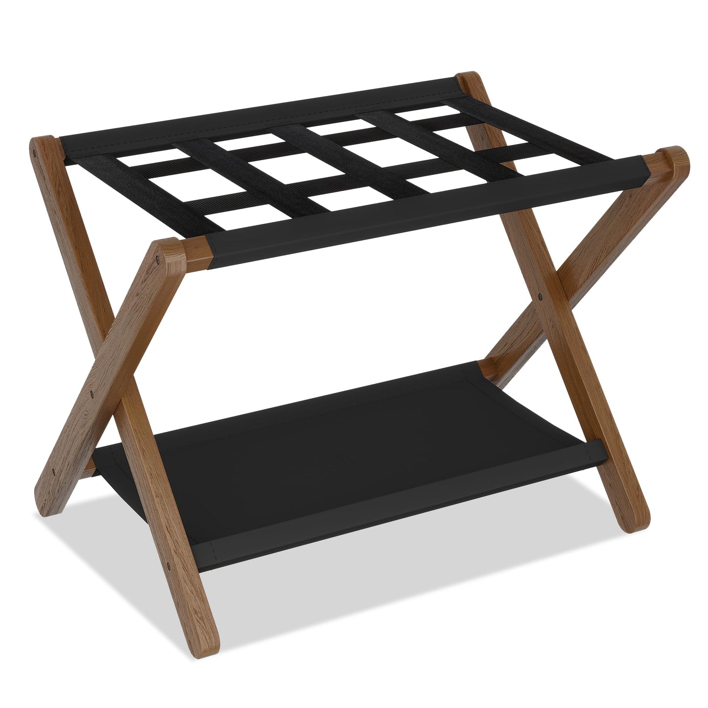 Heybly Luggage Rack, Folding Suitcase Stand with Storage Shelf, Luggage Holder with 5 Nylon Straps for Guest Room Bedroom Hotel, Walnut, HLR010WB1
