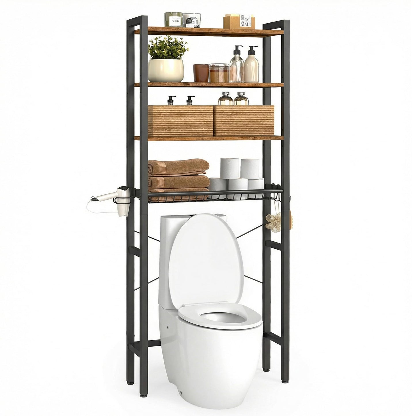 VASAGLE BARNET Collection - Over the Toilet Storage, Over Toilet Bathroom Organizer with Adjustable Shelves and Basket, 3 Hooks, Space Saving, 9.4 x 23.6 x 68.1 Inches, Rustic Brown UBTS114KD01S