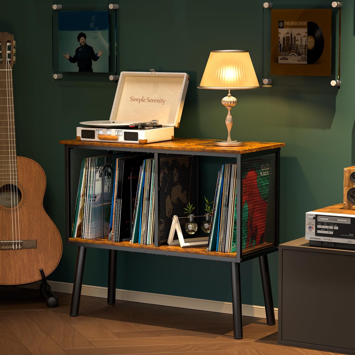 Record Player Stand with Adjustable Divider Vinyl Storage Holder Up to 200 Albums Mid-Century Large Record Player Table Vinyl Holder Turntable Stand End Table for Bedroom & Living Room, Patent Pending