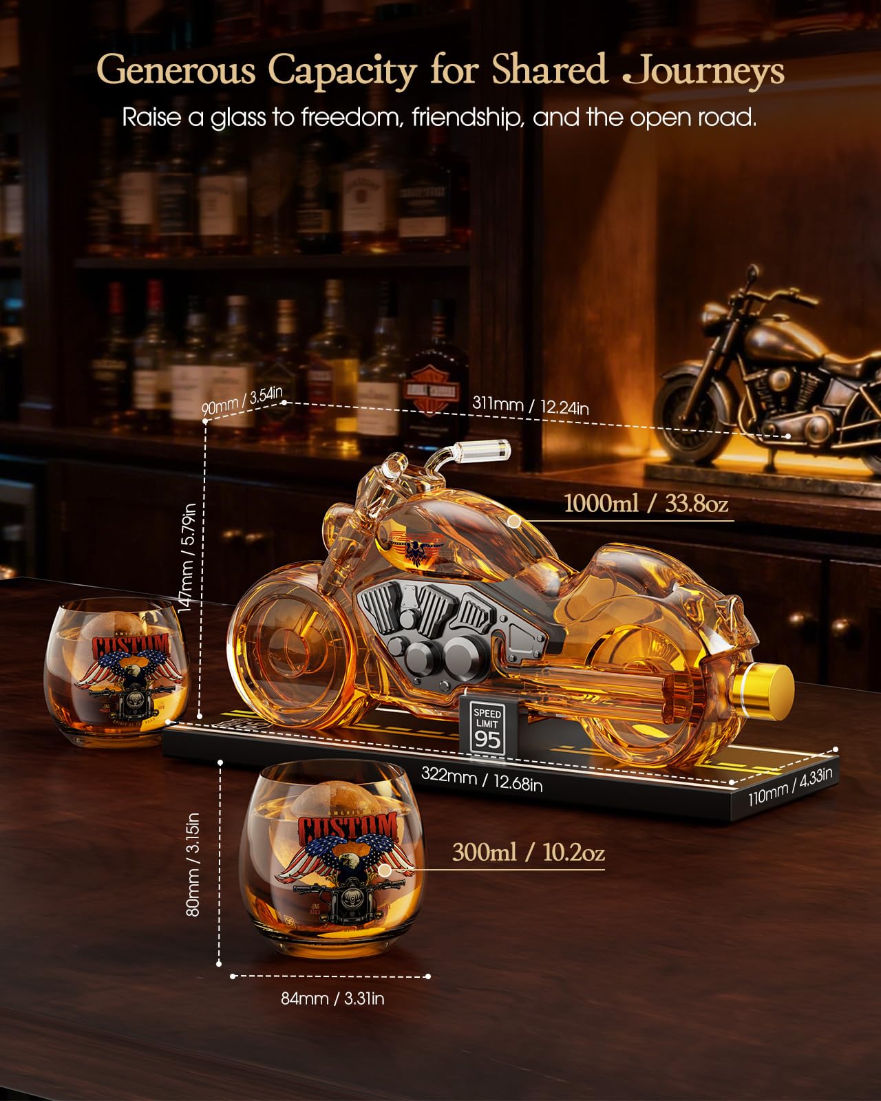 Kollea Birthday Gifts for Men Dad, Motorcycle Whiskey Decanter Set with 2 Glasses, Liquor Dispenser for Home Bar, Unique Gift for Him, Father, Boyfriend, Anniversary, Biker & Motor Lover (Flag)
