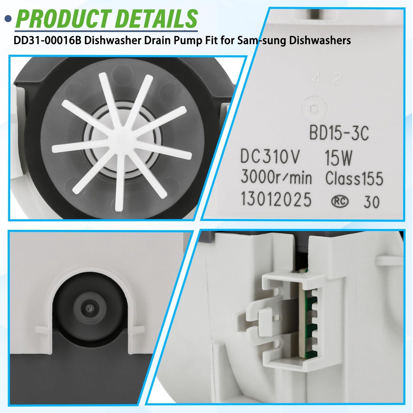 DD31-00016B BD15-3C Dishwasher drain pump Fit for Sam-sung DDW24G9000APDA DW80CB545012AA